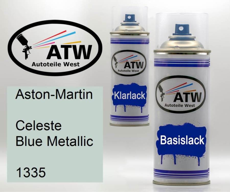 Aston-Martin, Celeste Blue Metallic, 1335: 400ml Sprühdose + 400ml Klarlack - Set, von ATW Autoteile West.